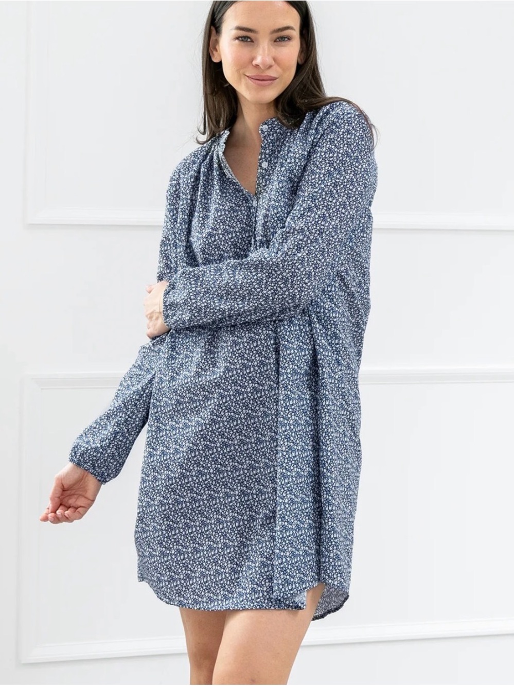 Women's Navy Floral Long-Sleeve Nightshirt